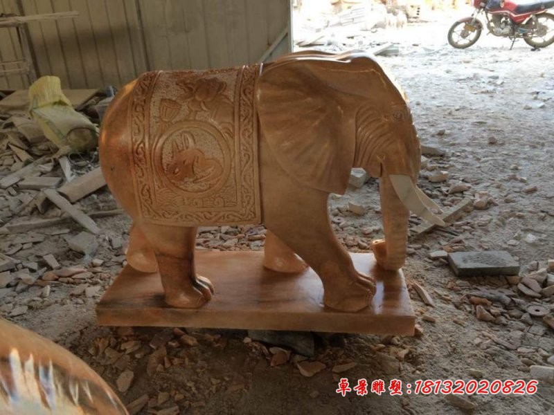 企业大象雕塑，晚霞红石雕大象 (2)