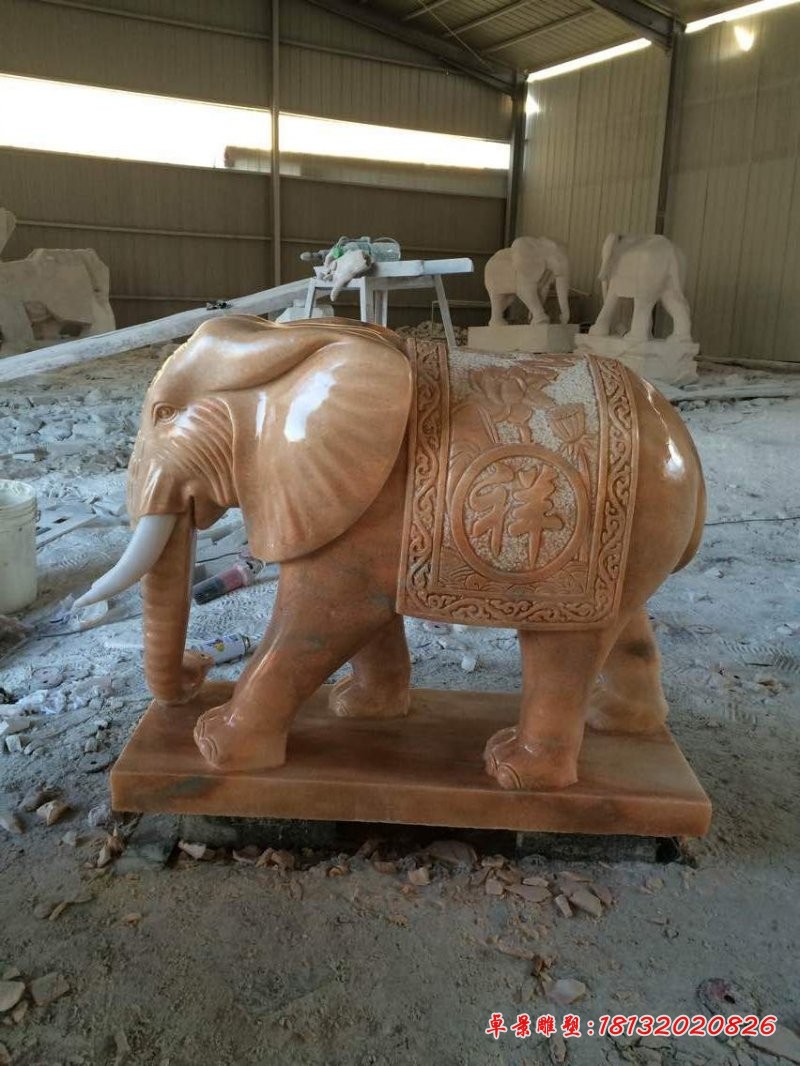 企业大象雕塑，晚霞红石雕大象 (1)