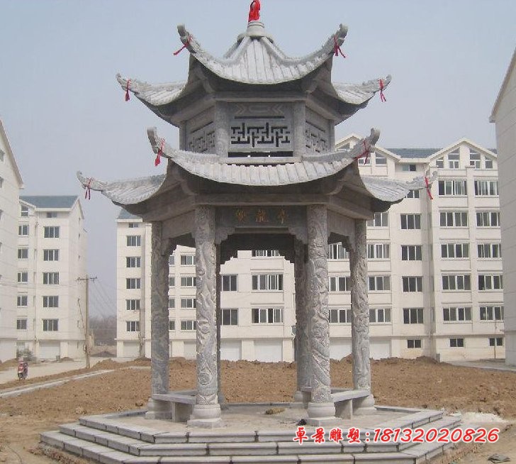 青石双层凉亭，小区景观石雕