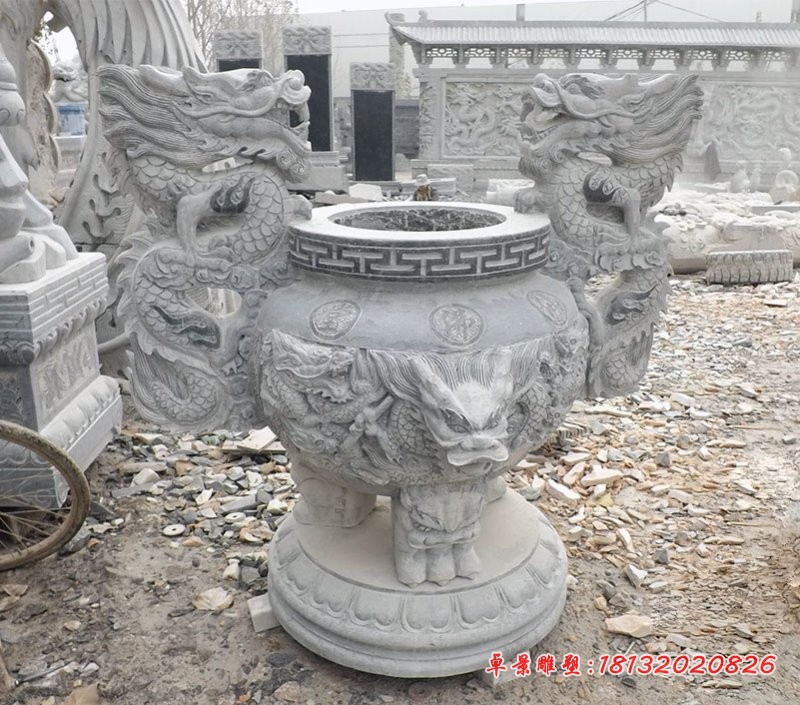 青石香炉，寺庙三足香炉石雕