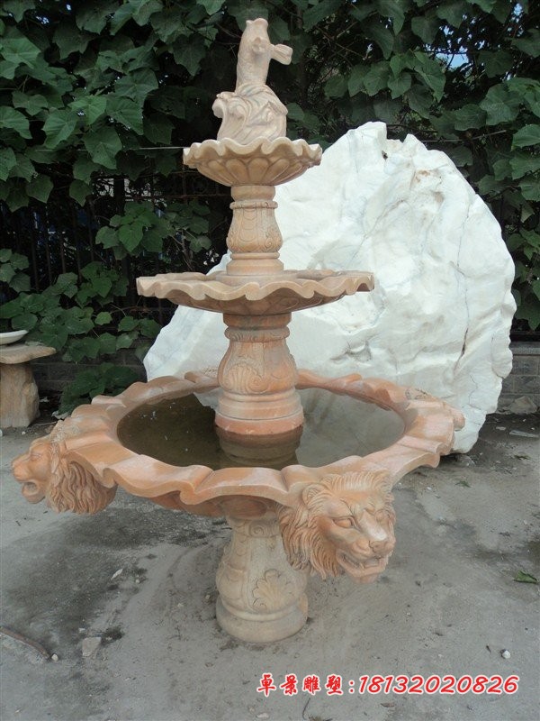 三层喷泉雕塑，晚霞红小型喷泉石雕
