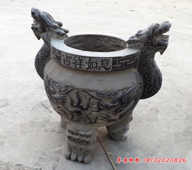 三足香炉石雕，青石圆形香炉