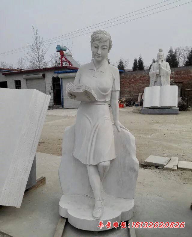 少女读书石雕，校园景观石雕