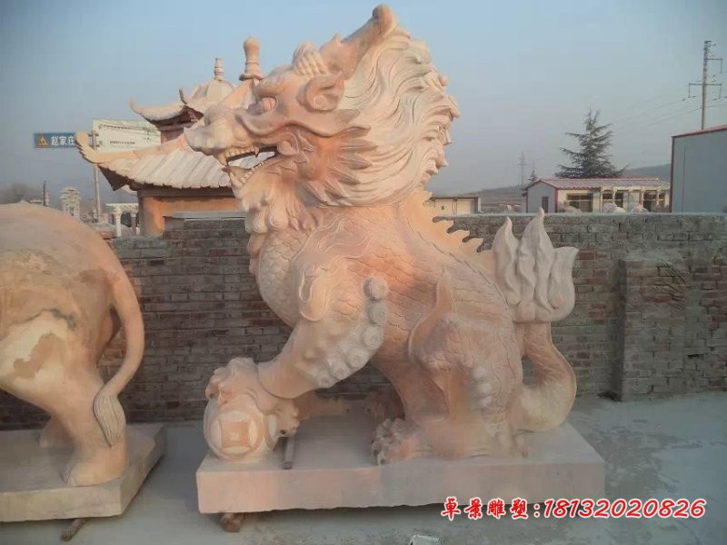 神兽雕塑，晚霞红石雕麒麟神兽 