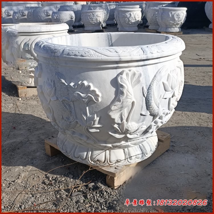 大理石荷花鲤鱼石浮雕水缸雕塑