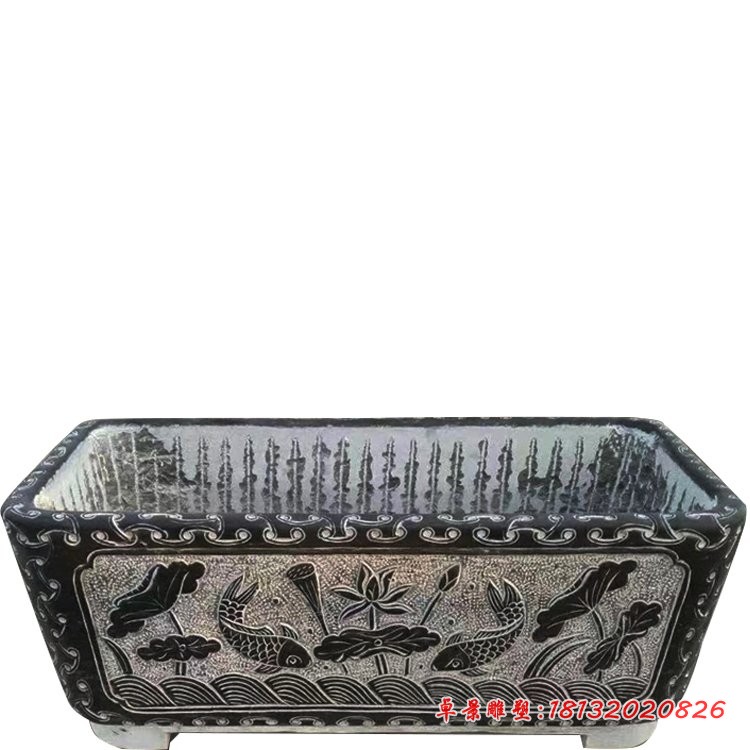 仿古荷花鲤鱼石浮雕水缸