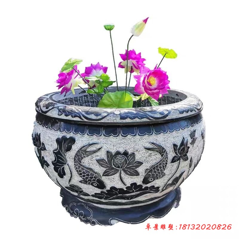 仿古荷花鲤鱼石浮雕鱼缸雕塑