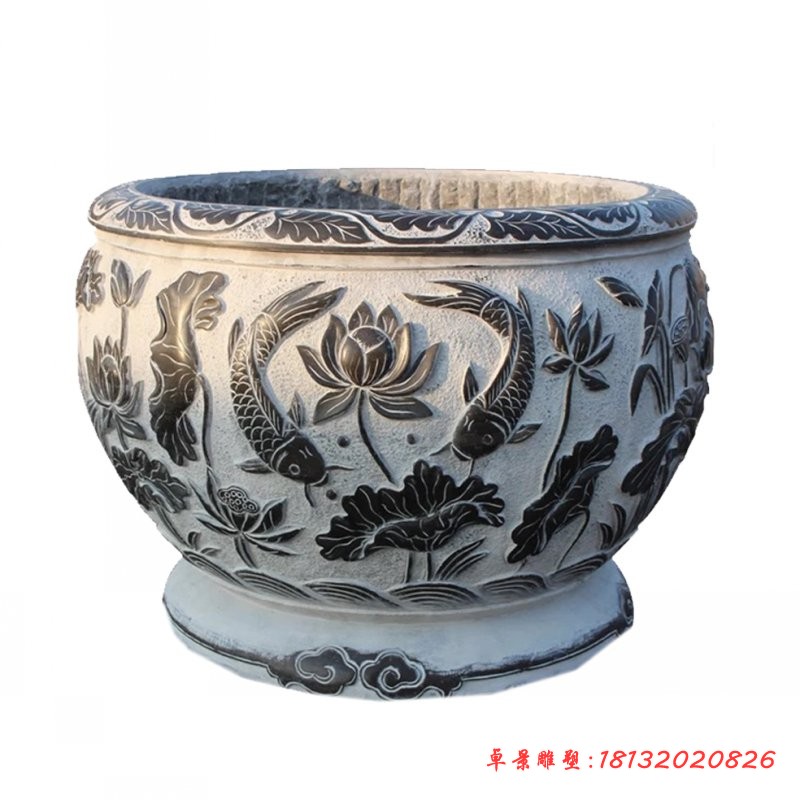 仿古荷花鲤鱼石浮雕水缸雕塑