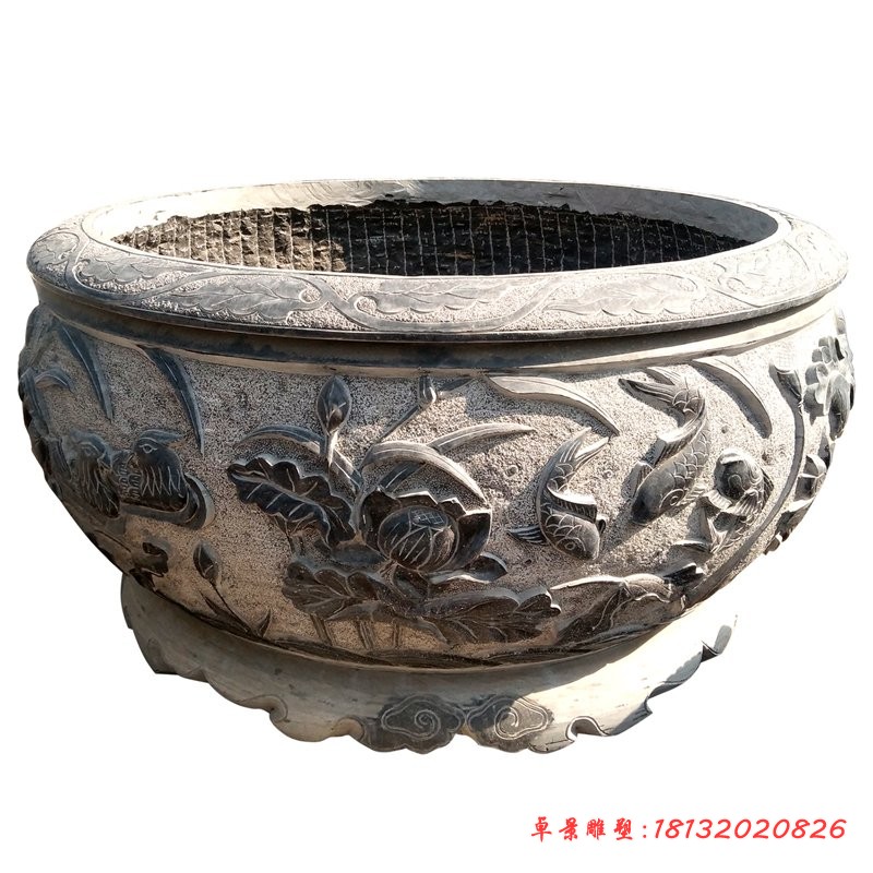 仿古荷花石浮雕水缸雕塑