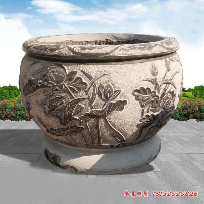 仿古荷花石浮雕水缸雕塑