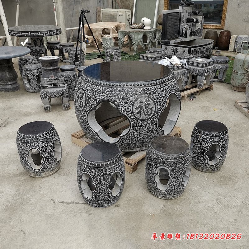 仿古圆形鼓式桌凳石雕 (1)