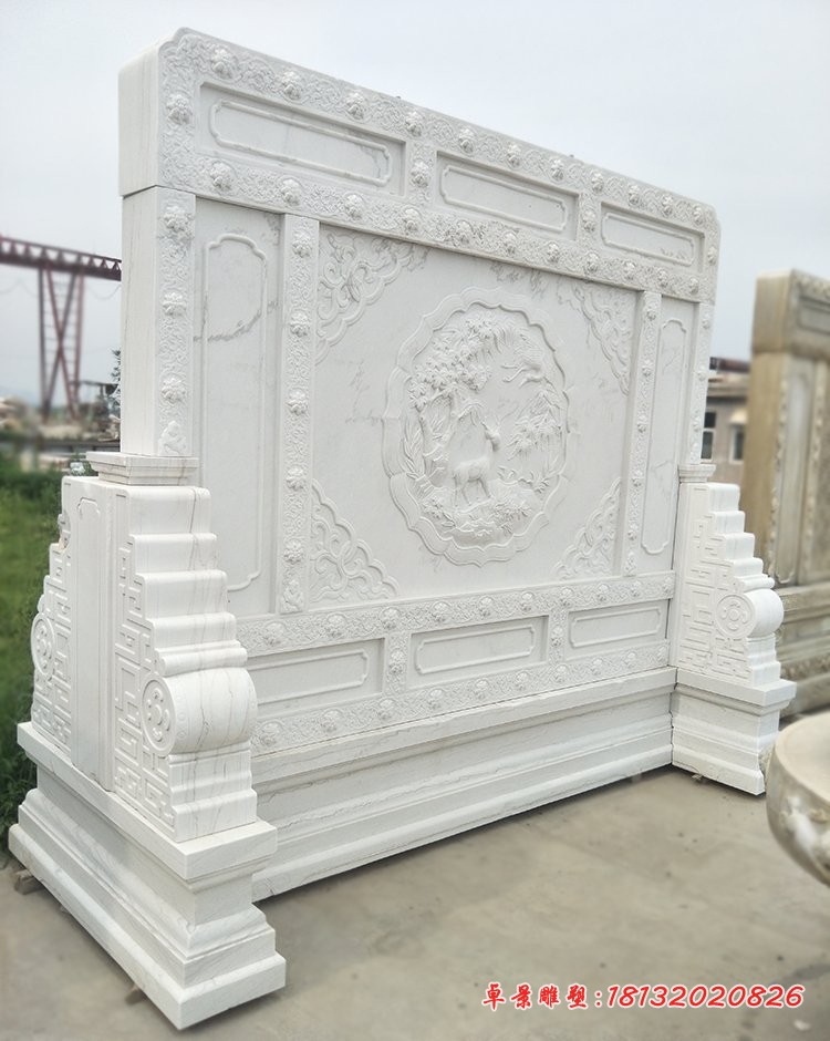 汉白玉鹤鹿同春石浮雕影壁墙