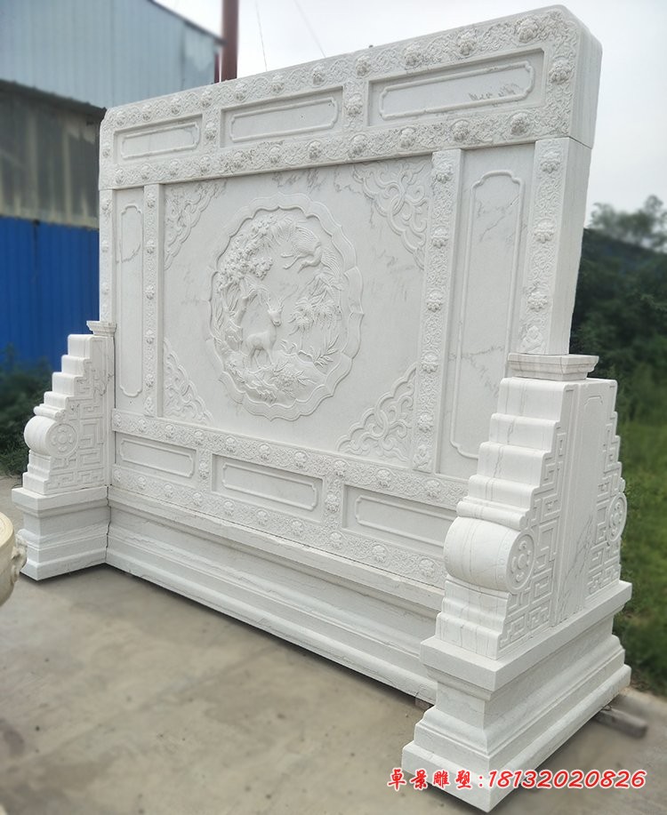 汉白玉鹤鹿同春石浮雕影壁墙 