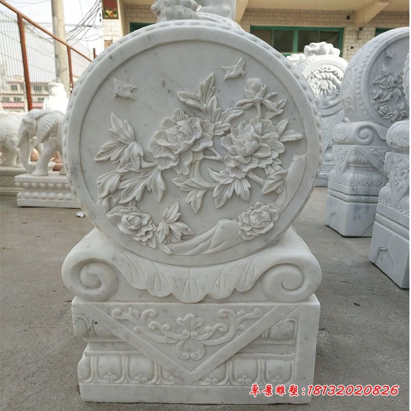 汉白玉花开富贵石浮雕抱鼓石雕塑