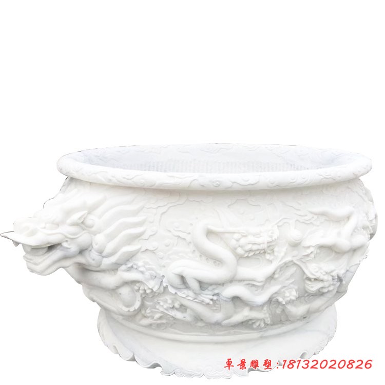 汉白玉龙浮雕水缸雕塑