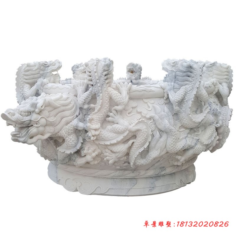汉白玉龙头水缸雕塑