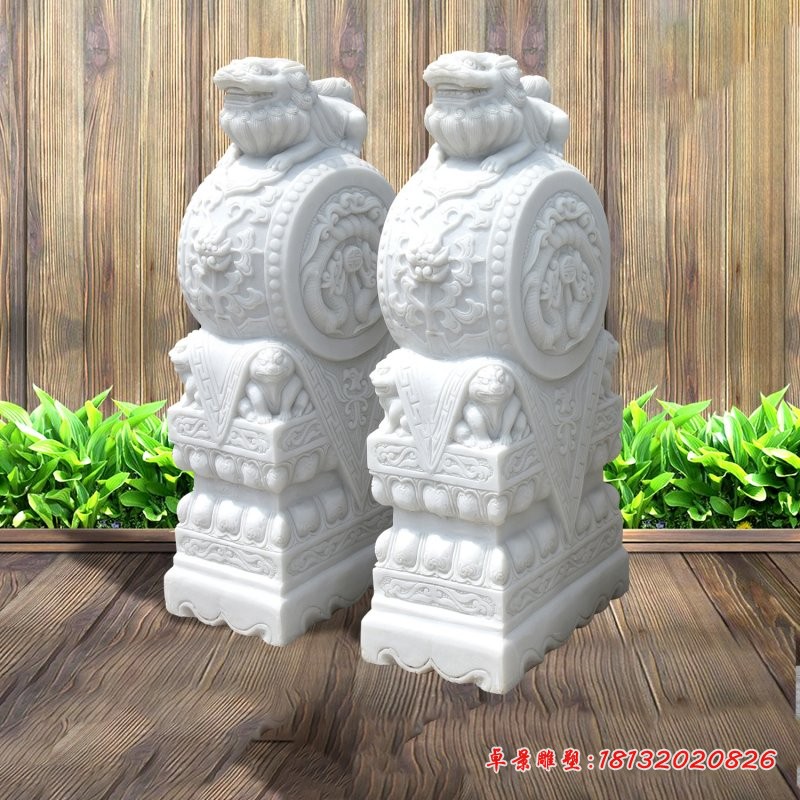 汉白玉狮子石门墩雕塑