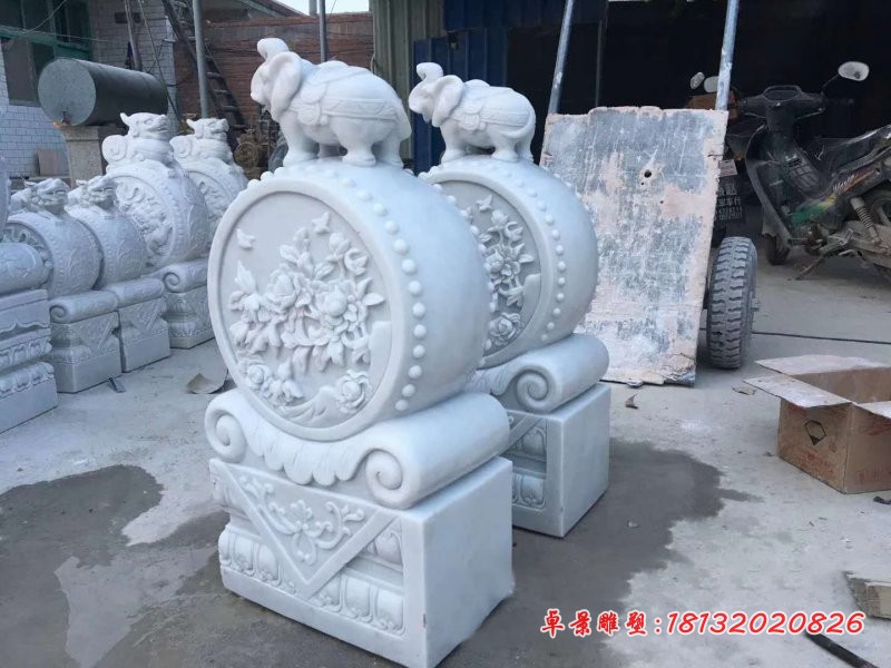 汉白玉小象抱鼓石雕塑 