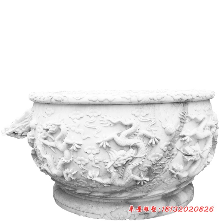 龙浮雕水缸石雕