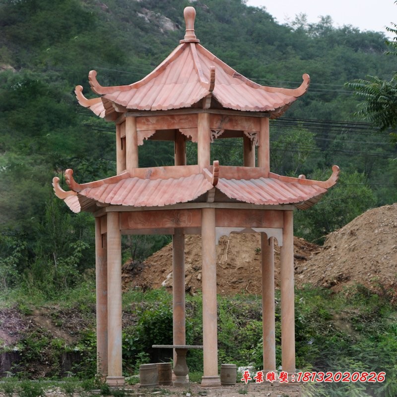 双层凉亭石雕，晚霞红亭子