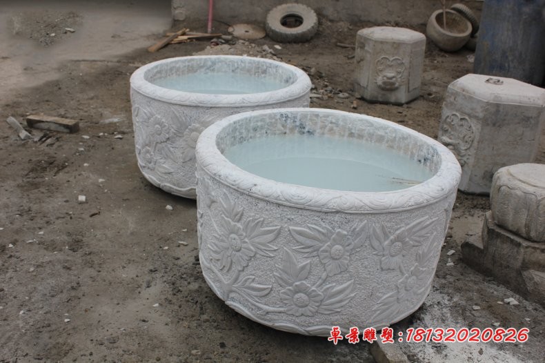 水缸石雕，汉白玉水缸