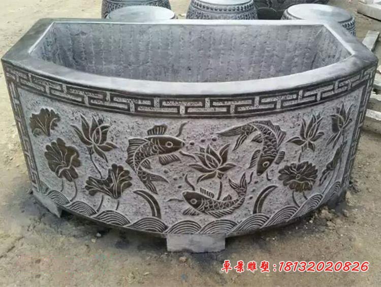 水缸石雕，青石荷花鱼浮雕水缸