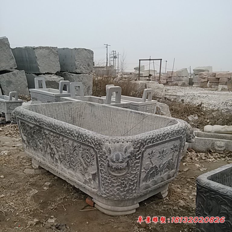 水缸石雕，青石方形水盆