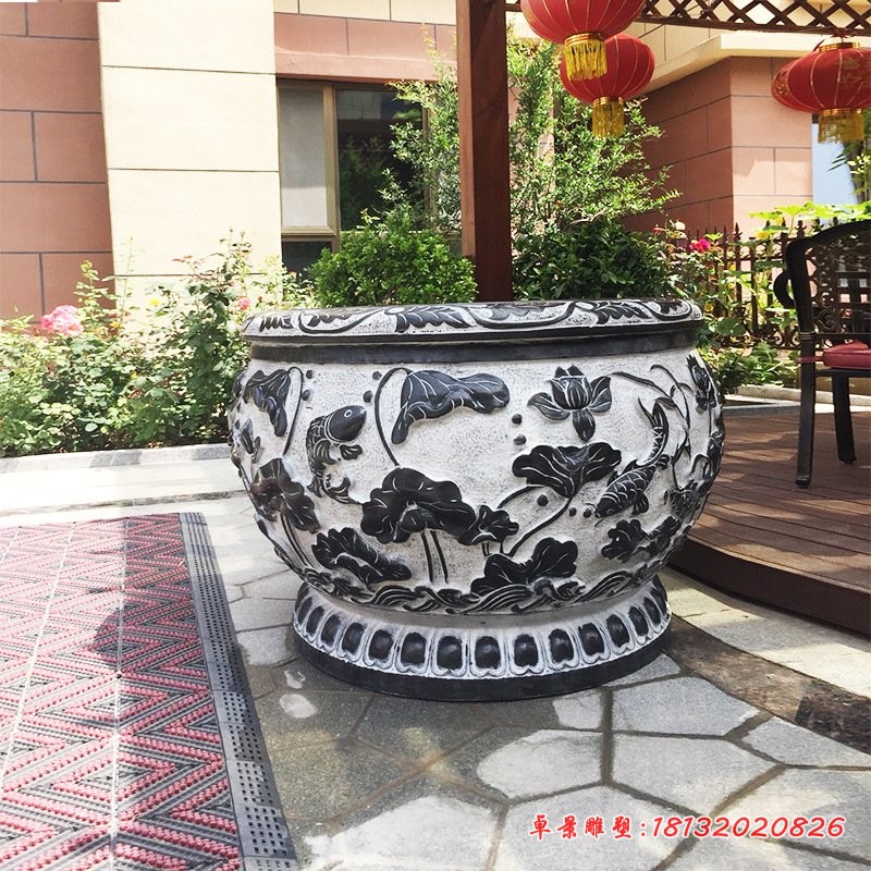 庭院仿古荷花鲤鱼石浮雕水缸雕塑 (3)