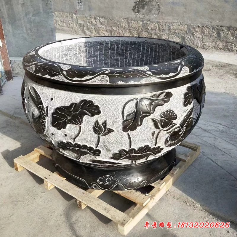 庭院仿古荷花鲤鱼石浮雕水缸雕塑 (1)