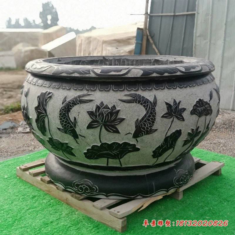 庭院仿古荷花鲤鱼石浮雕水缸雕塑 (2)