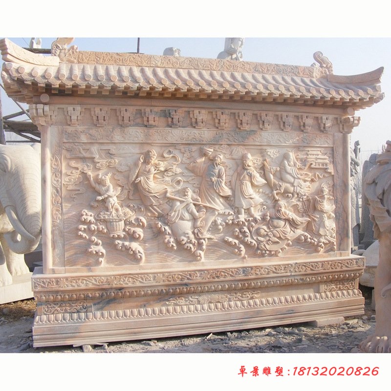 晚霞红八仙过海石浮雕影壁墙雕塑