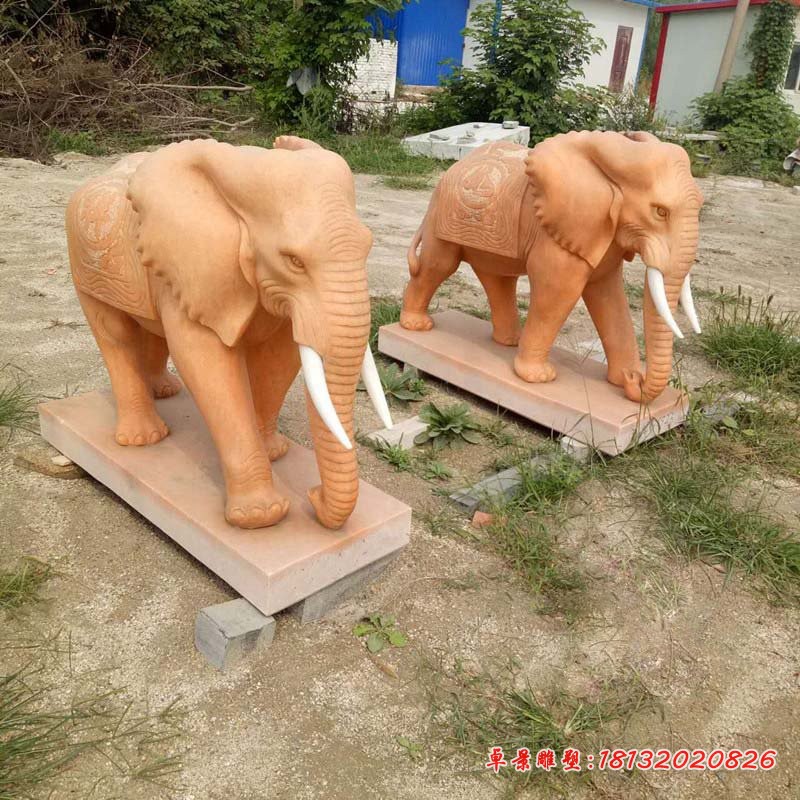 晚霞红大象，动物石雕 (1)