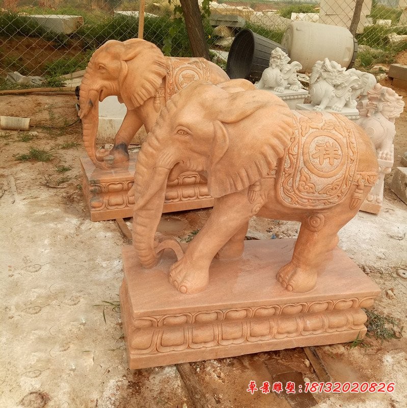 晚霞红大象，动物石雕 (2)