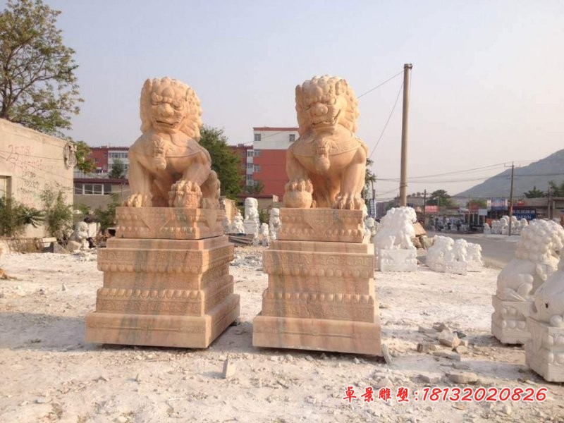 晚霞红对狮雕塑，石雕北京狮子