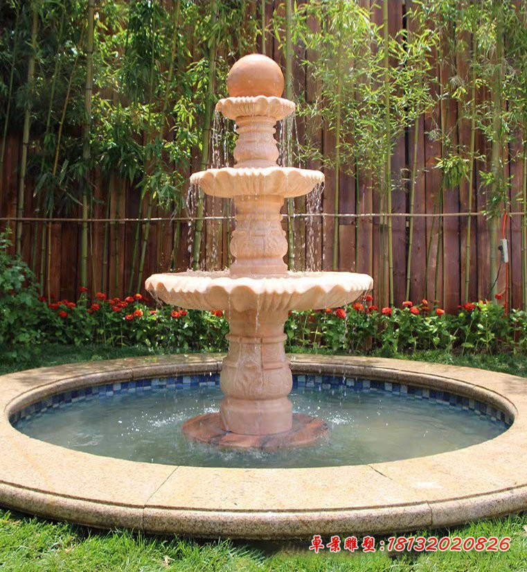晚霞红多层风水球喷泉石雕