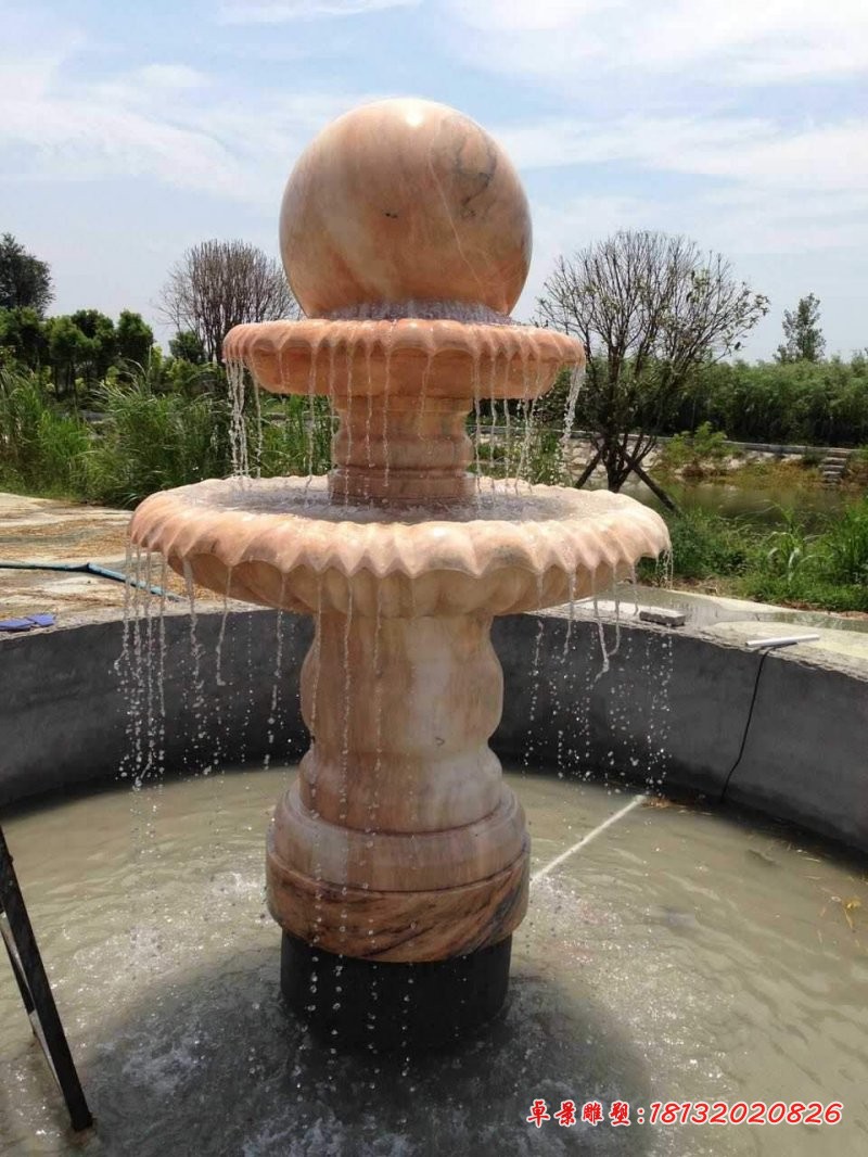 晚霞红风水球喷泉石雕，公园喷泉石雕