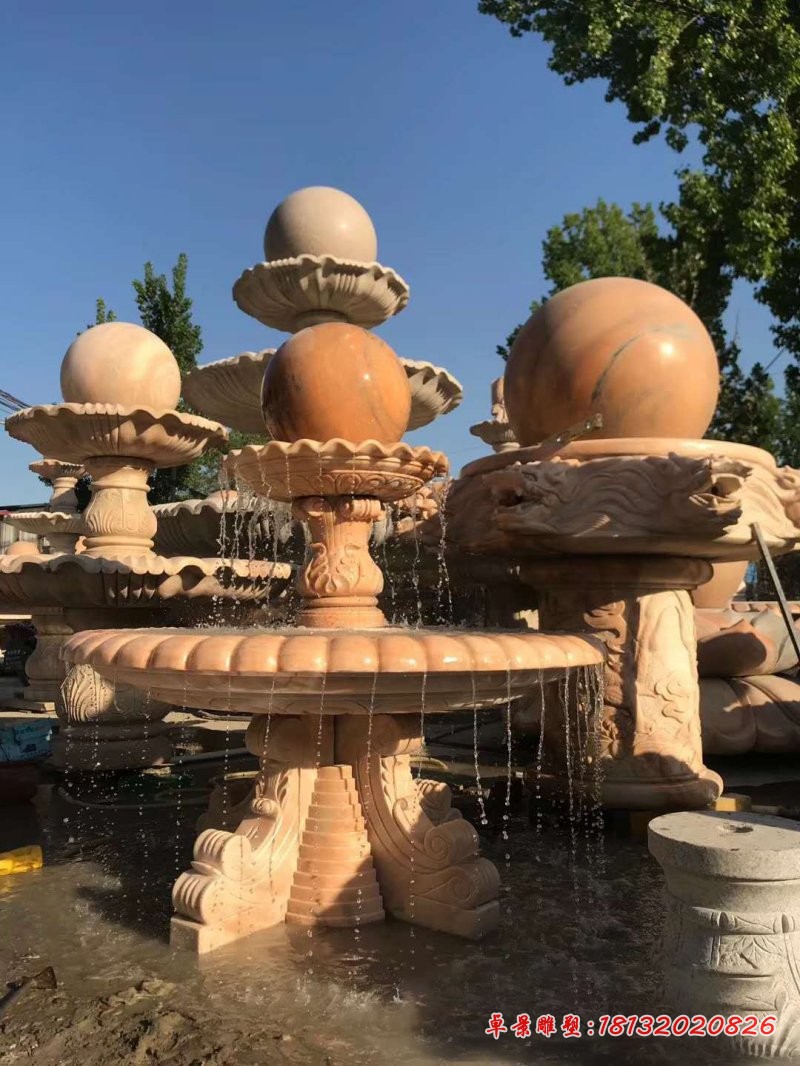 晚霞红风水球喷泉石雕