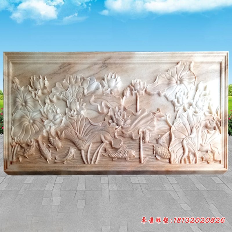 晚霞红荷花鲤鱼壁画石浮雕