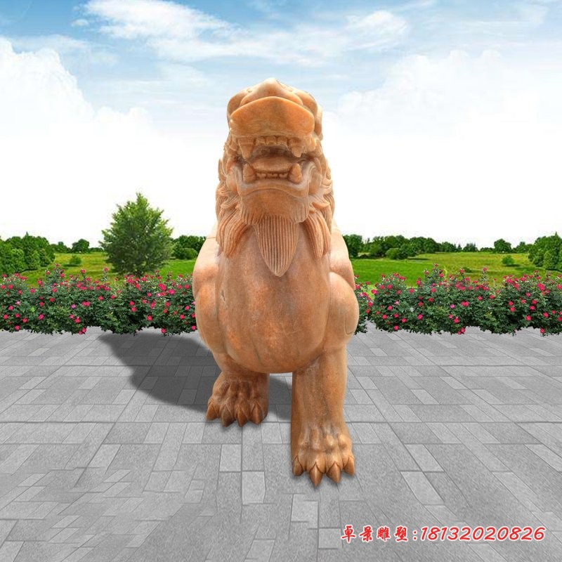 晚霞红辟邪貔貅石雕 (1)