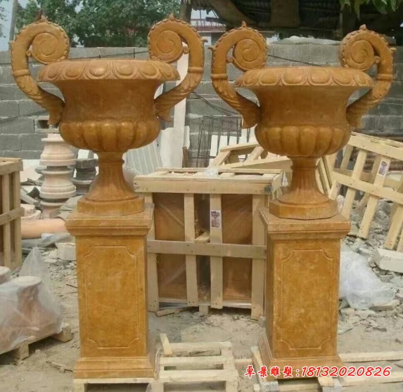 晚霞红石雕花盆，欧式花盆雕塑