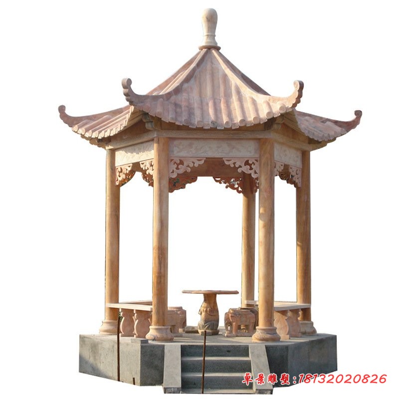 晚霞红石雕六角凉亭 (1)
