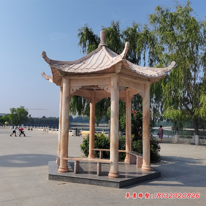 晚霞红石雕六角凉亭