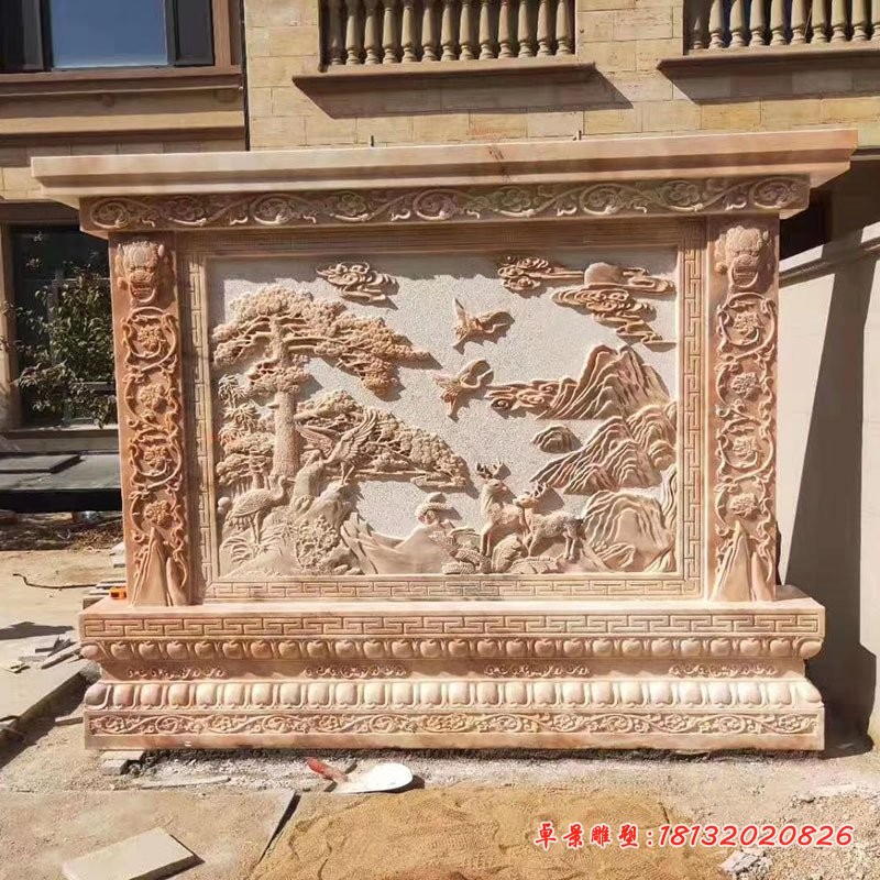 晚霞红松下仙鹤鹿石浮雕影壁墙雕塑