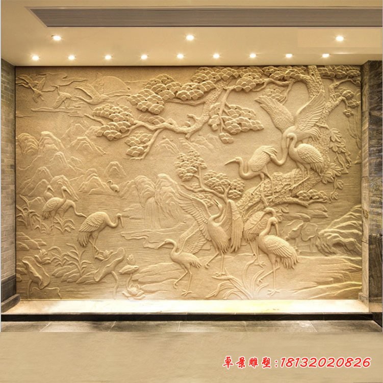 晚霞红松下仙鹤石浮雕壁画雕塑