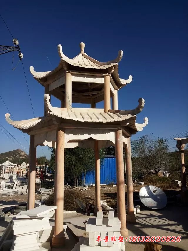 晚霞红亭子，凉亭石雕