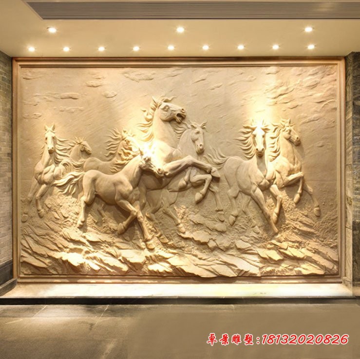 晚霞红万马奔腾石浮雕壁画雕塑