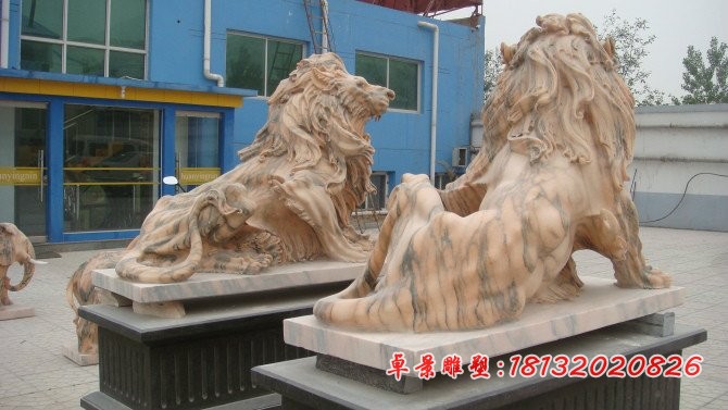 晚霞红西洋狮雕塑，石雕狮子
