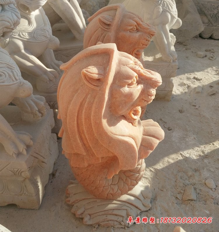 晚霞红鱼尾狮，园林景观石雕