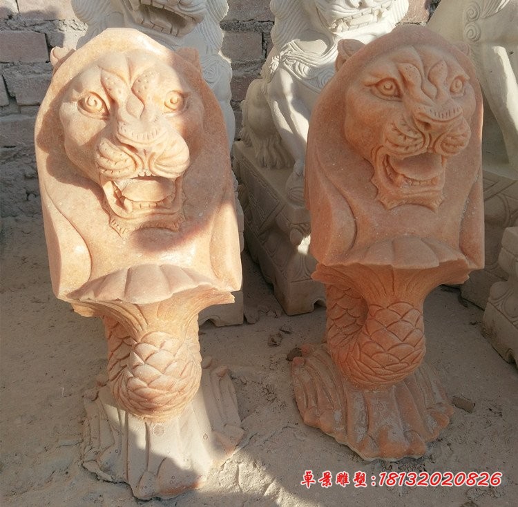 晚霞红鱼尾狮，园林景观石雕 