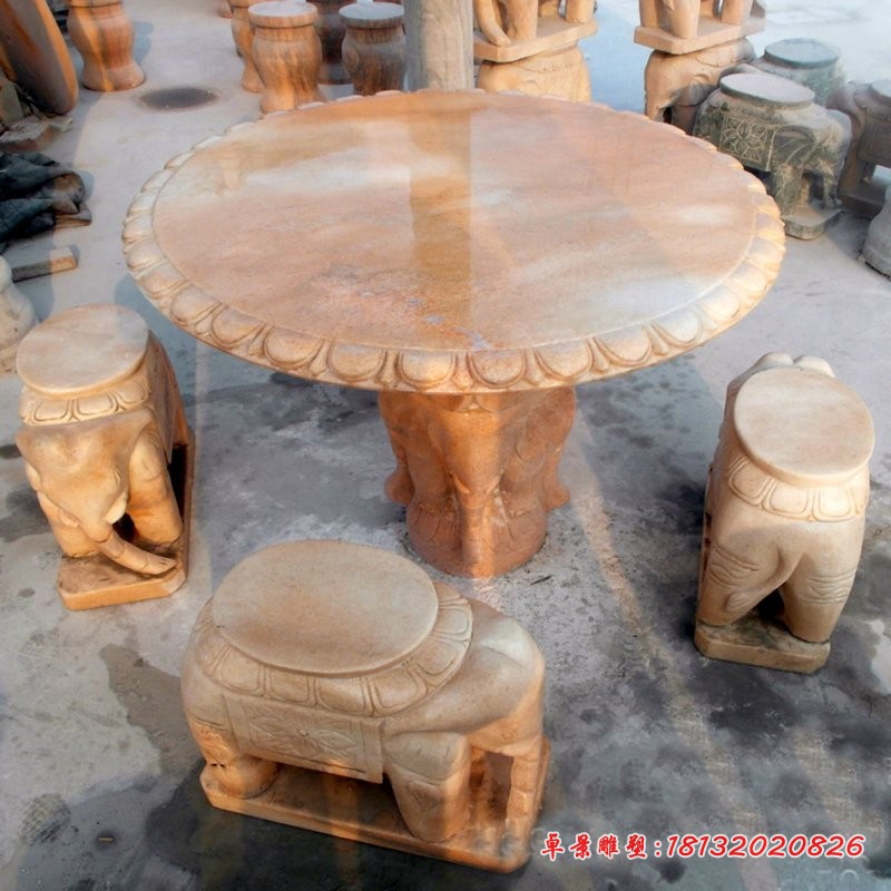 晚霞红圆形象墩桌凳石雕